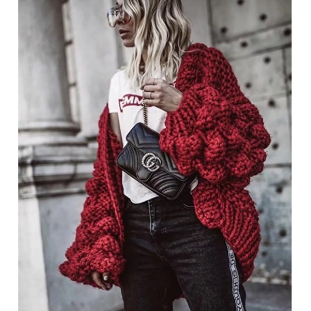 RED bubble sleeve knit open front cardigan sweater